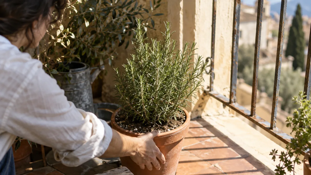 A hand moves a rosemary pot into a sunlit patch, with dry soil and long balcony shadows.