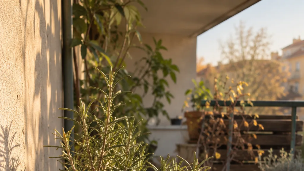 A rosemary plant sits in a terracotta pot with dry soil, tucked into a sheltered balcony corner before winter.