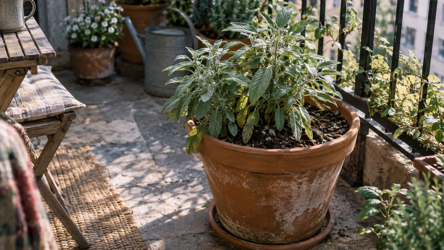 A sage plant grows in a roomy terracotta pot, with the soil and drainage saucer visible on a balcony.