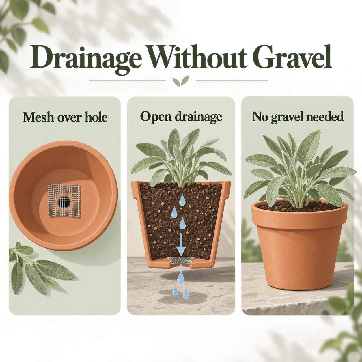 A sage pot shows mesh over an open drainage hole, letting excess water escape without gravel.