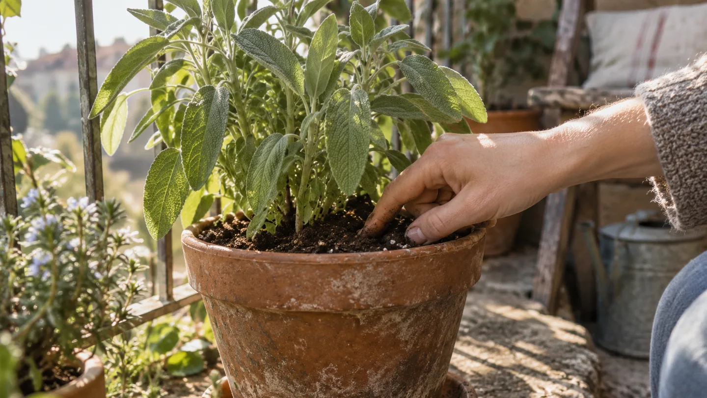 A hand checks the soil beside potted sage, with the drained pot resting over a terracotta saucer.