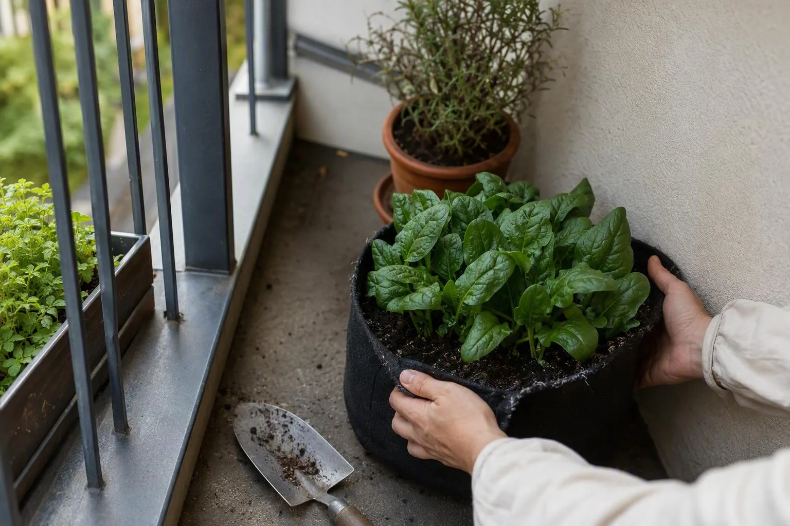 Spinach pot placed in afternoon shade beside a sunny balcony railing