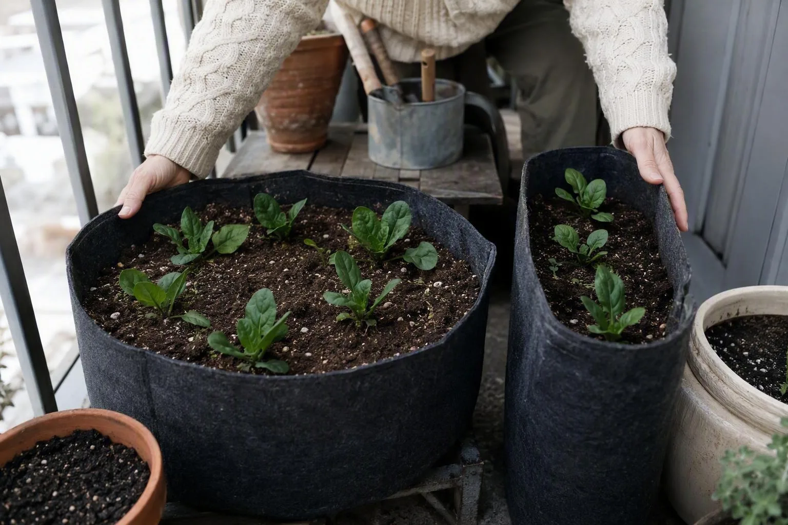 Several spinach containers with different widths arranged on a balcony