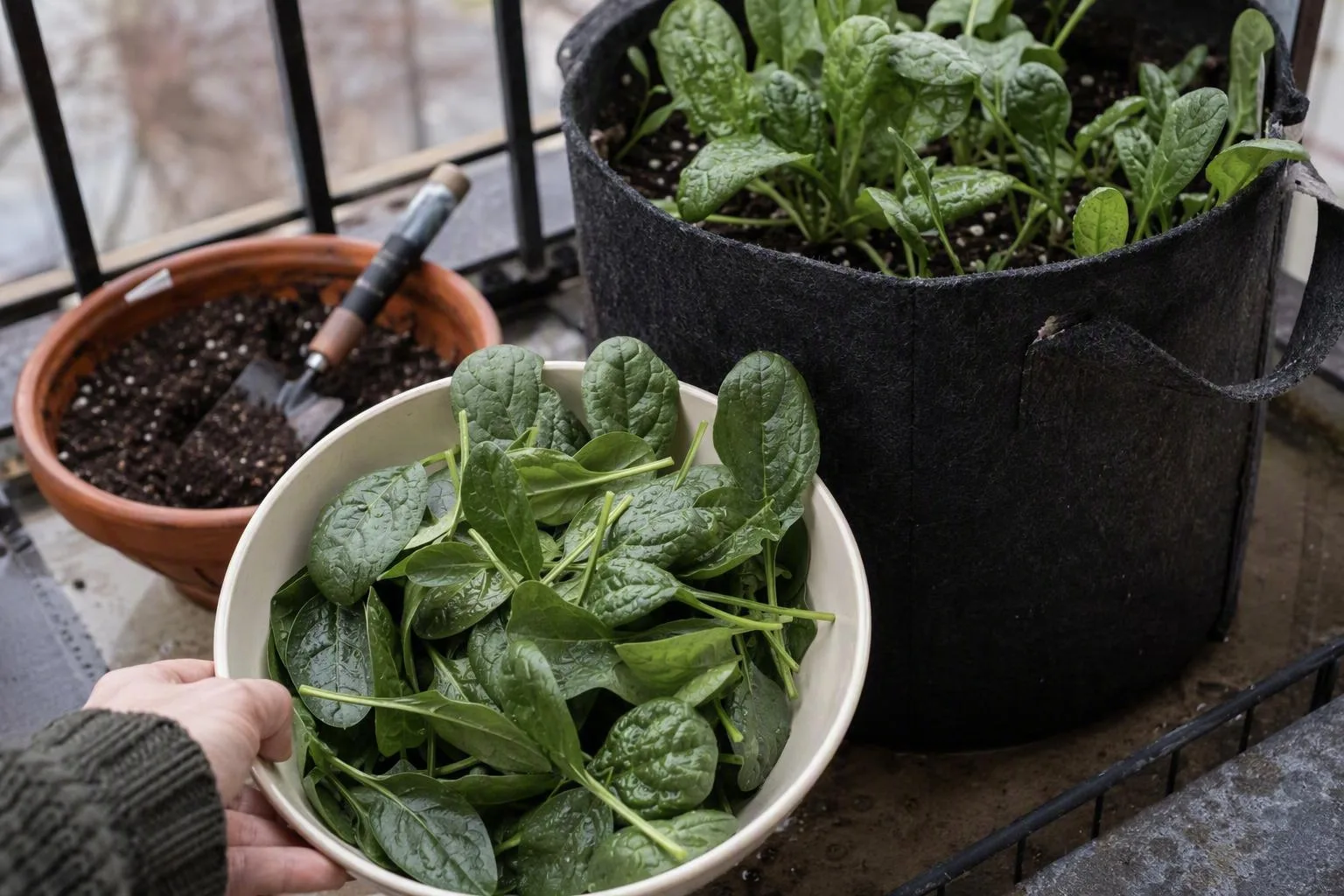 A bowl of baby spinach sits beside the 30 cm fabric pot it was harvested from.