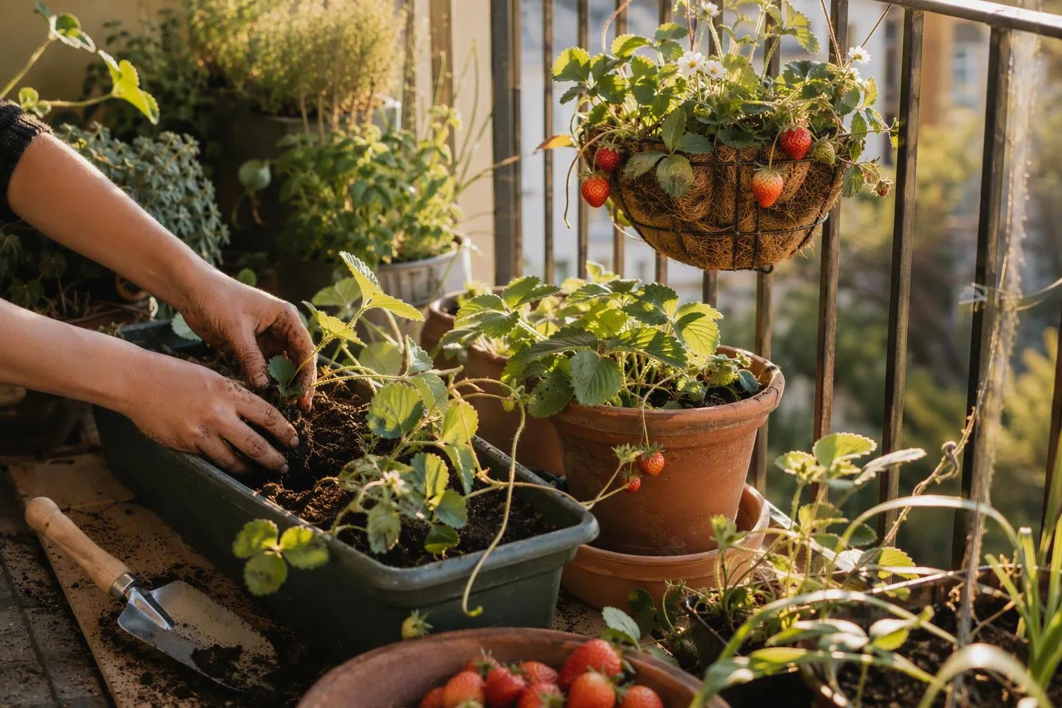 Hands plant a strawberry in a trough beside a pot and hanging basket, showing three balcony container options.