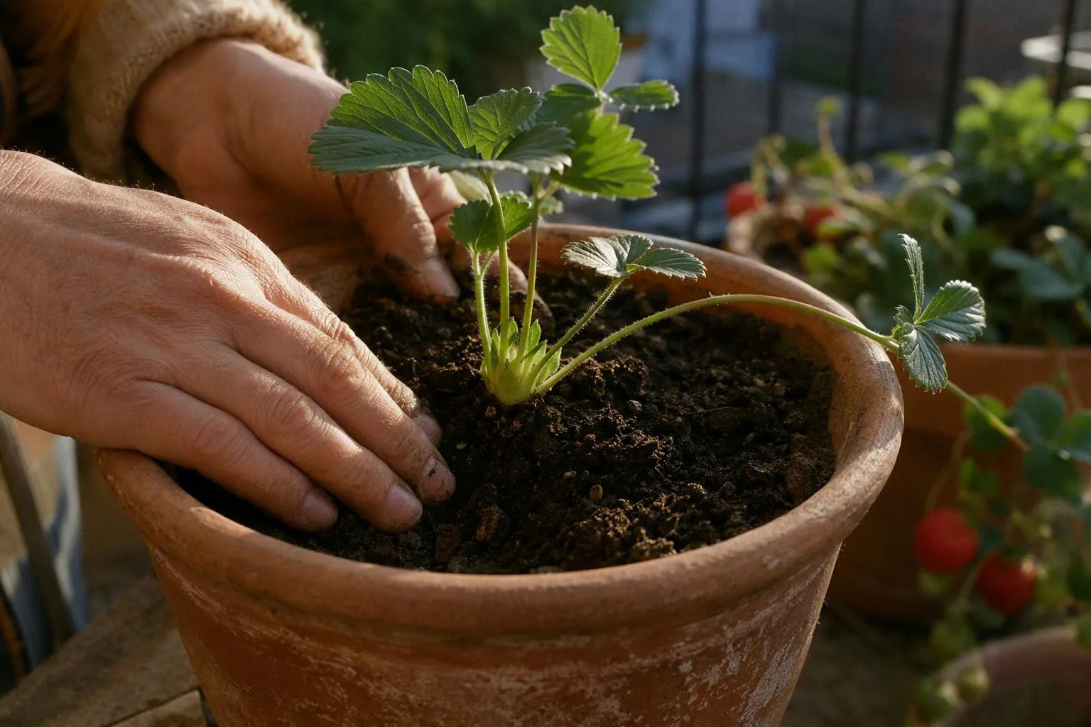 A hand settles soil over strawberry roots while the plant crown stays level with the pot’s surface.