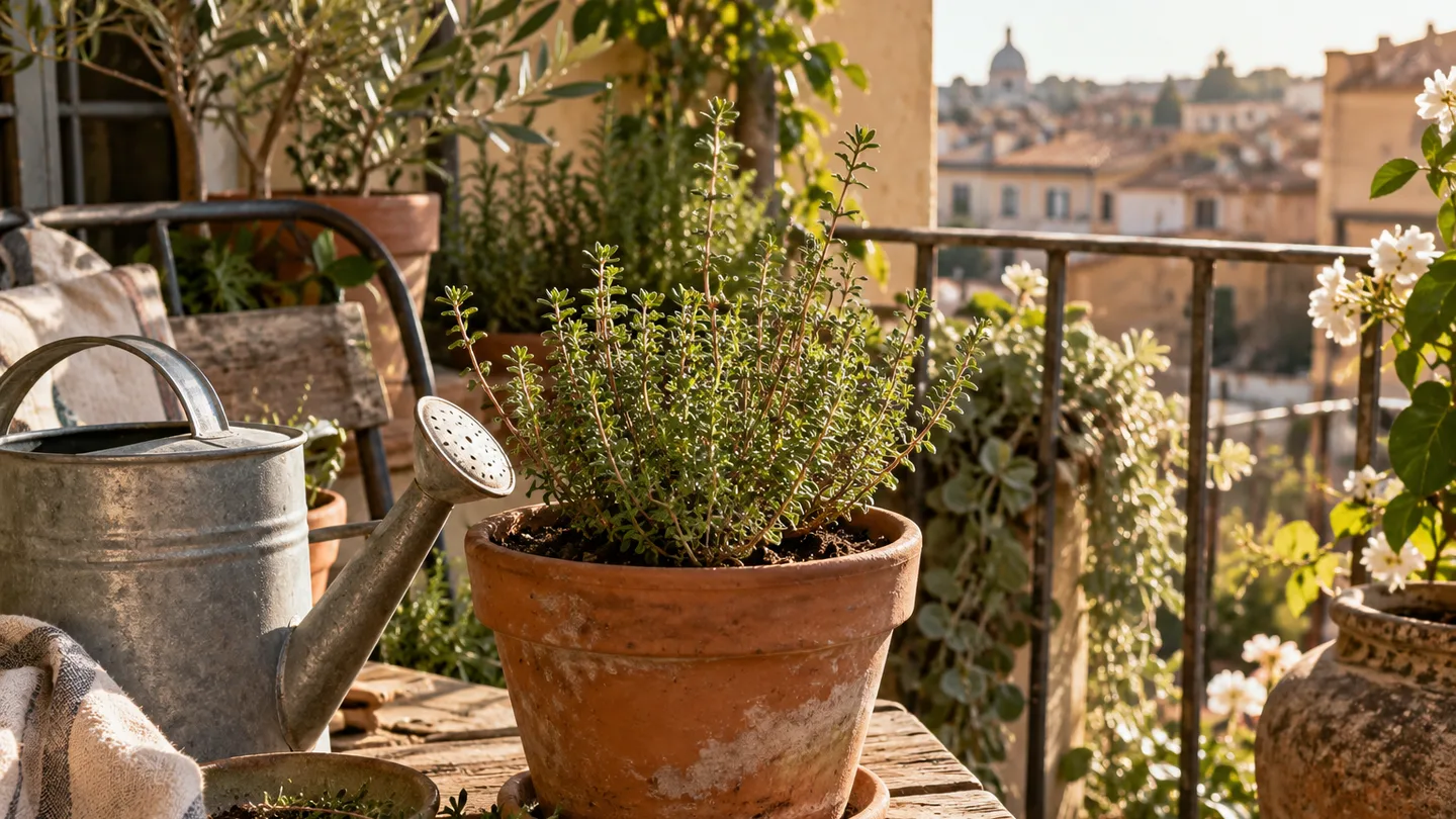 A healthy thyme plant grows in a clay pot beside potting mix and a watering can on a balcony.