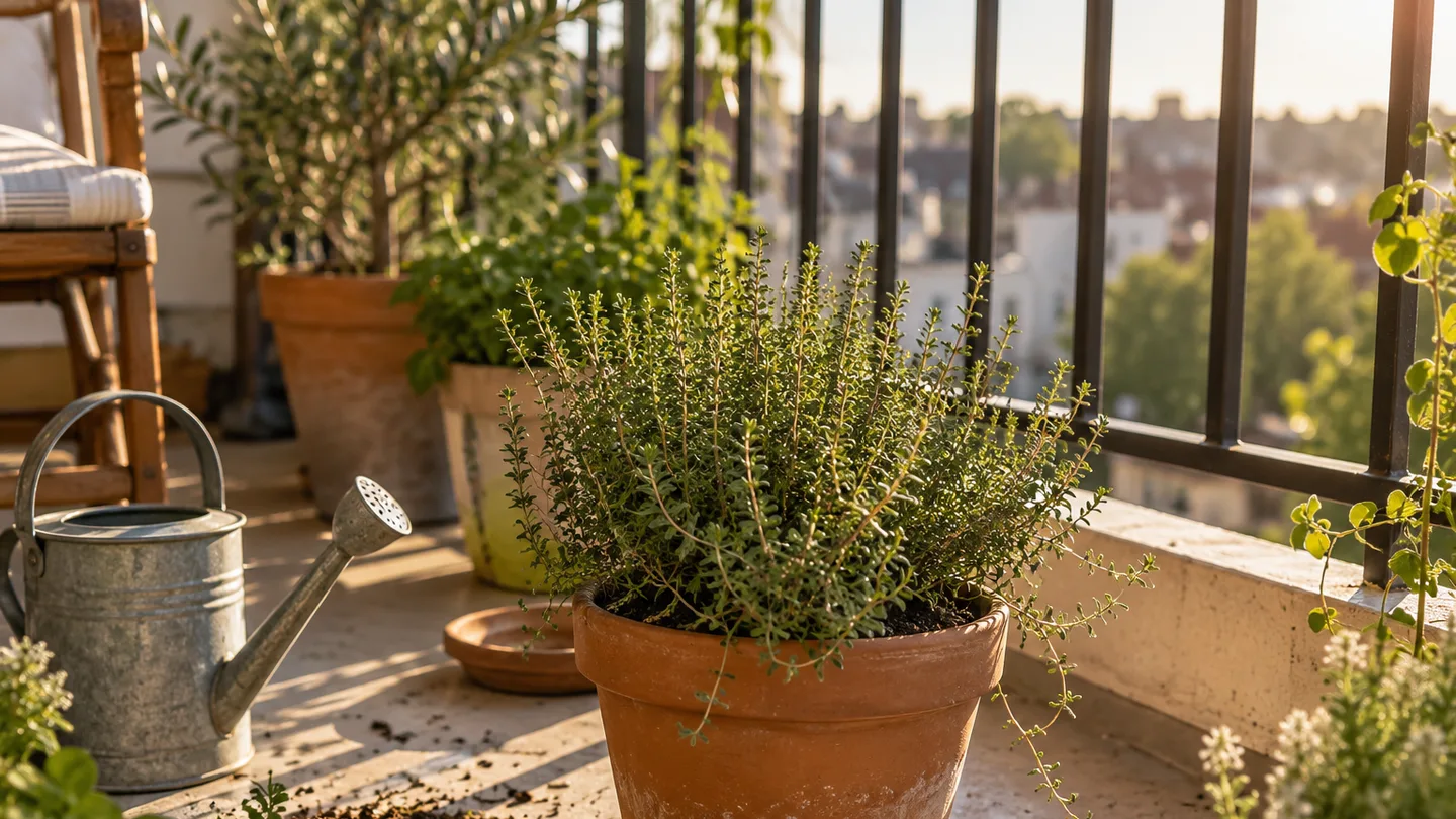 A thyme pot sits in a bright, open balcony spot with sunlight falling across its leaves.