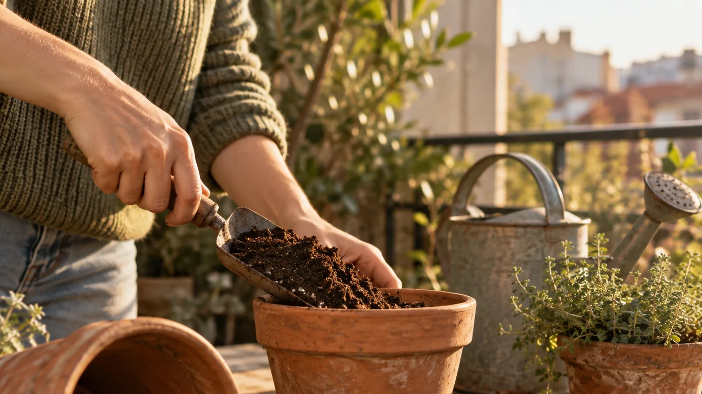 Loose potting mix goes into a clay pot beside another pot’s open drainage hole.