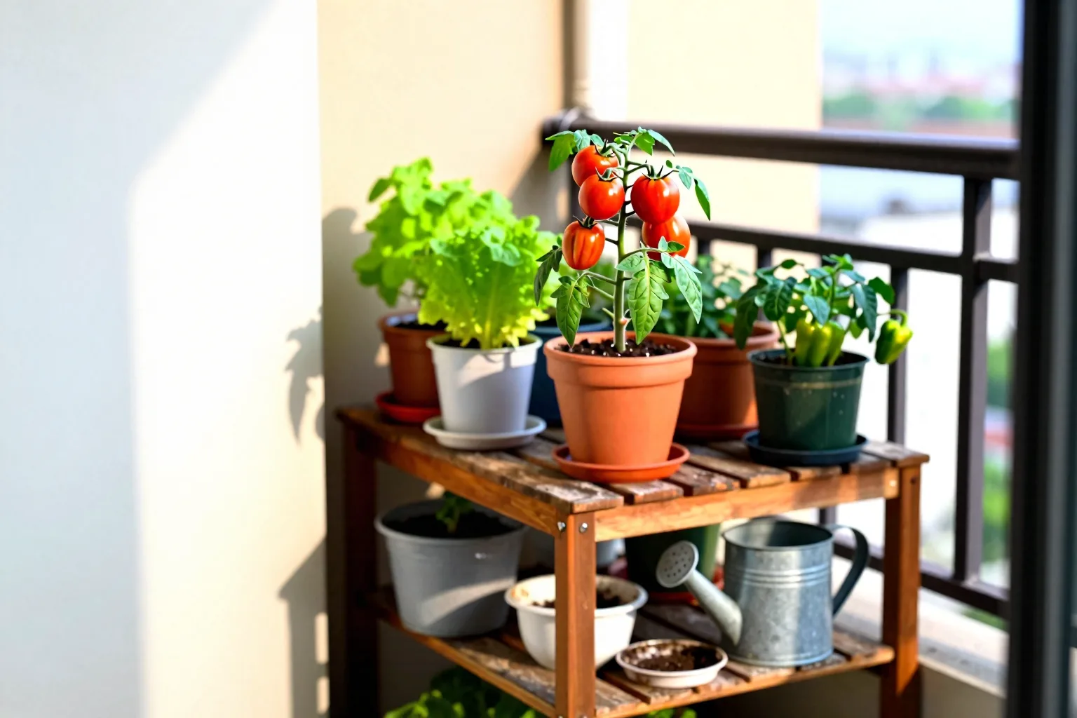Vegetable containers line a balcony with leafy greens and compact fruiting plants.