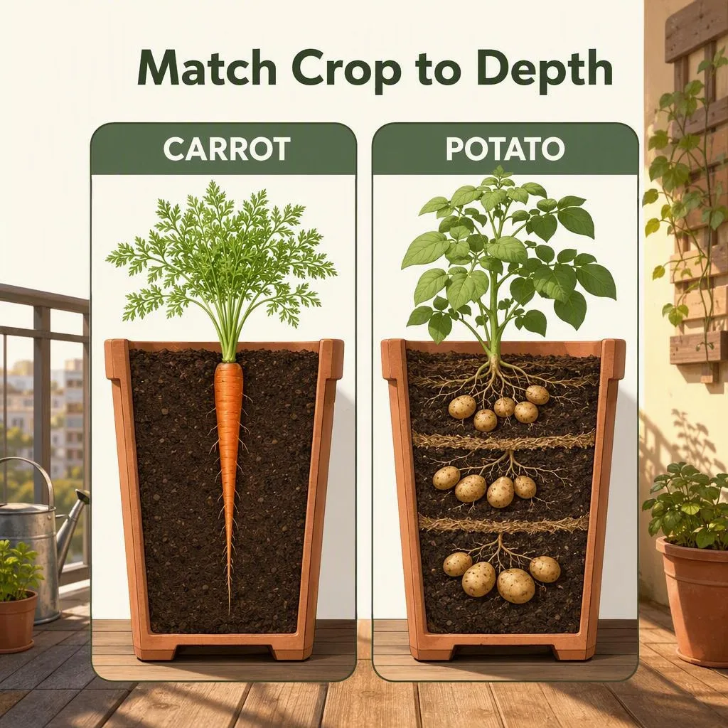 A cutaway container shows a straight carrot root beside potato layers around a stem.