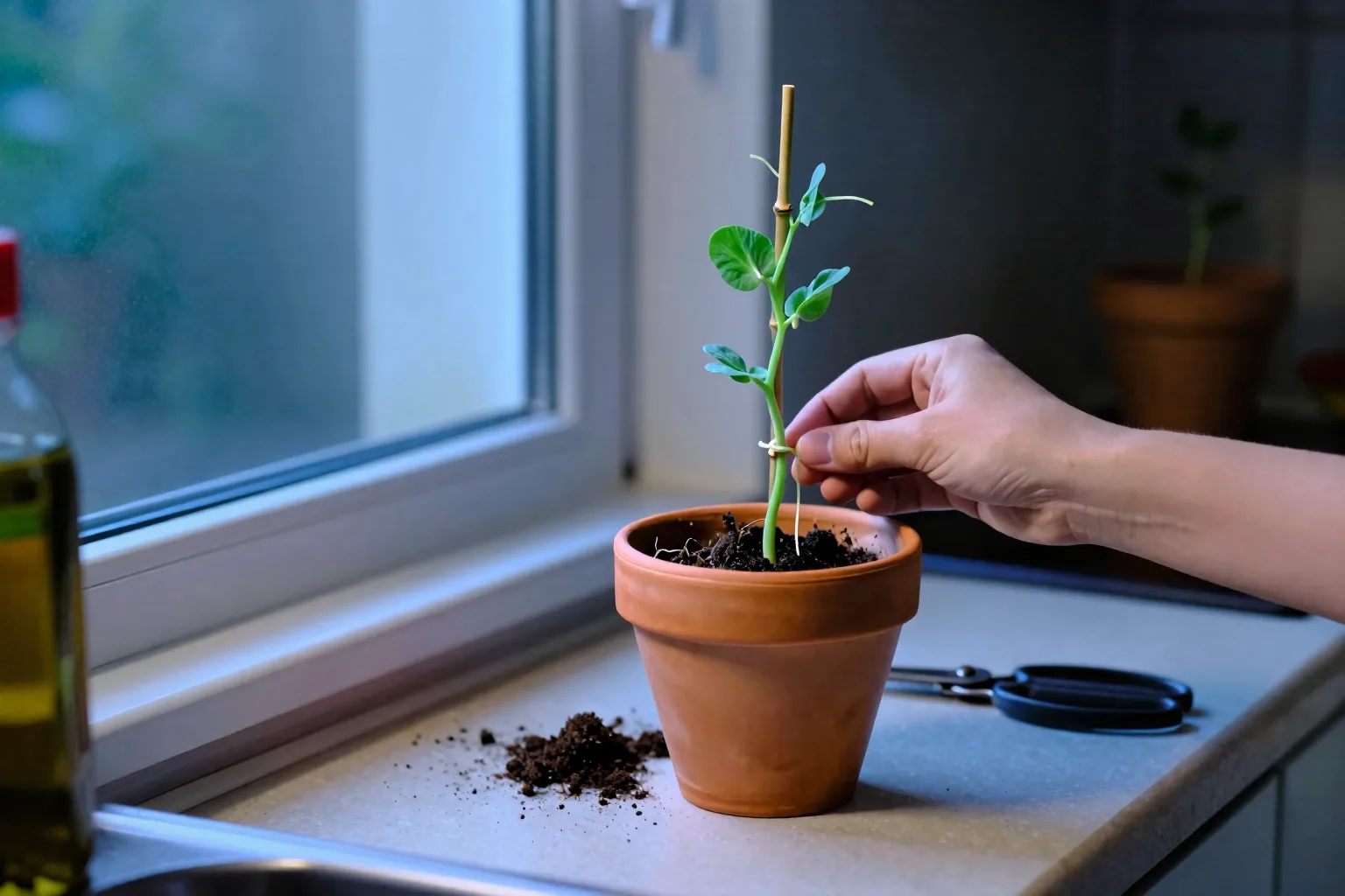 A young pea plant climbs a short stake from a deep terracotta pot on a kitchen windowsill.