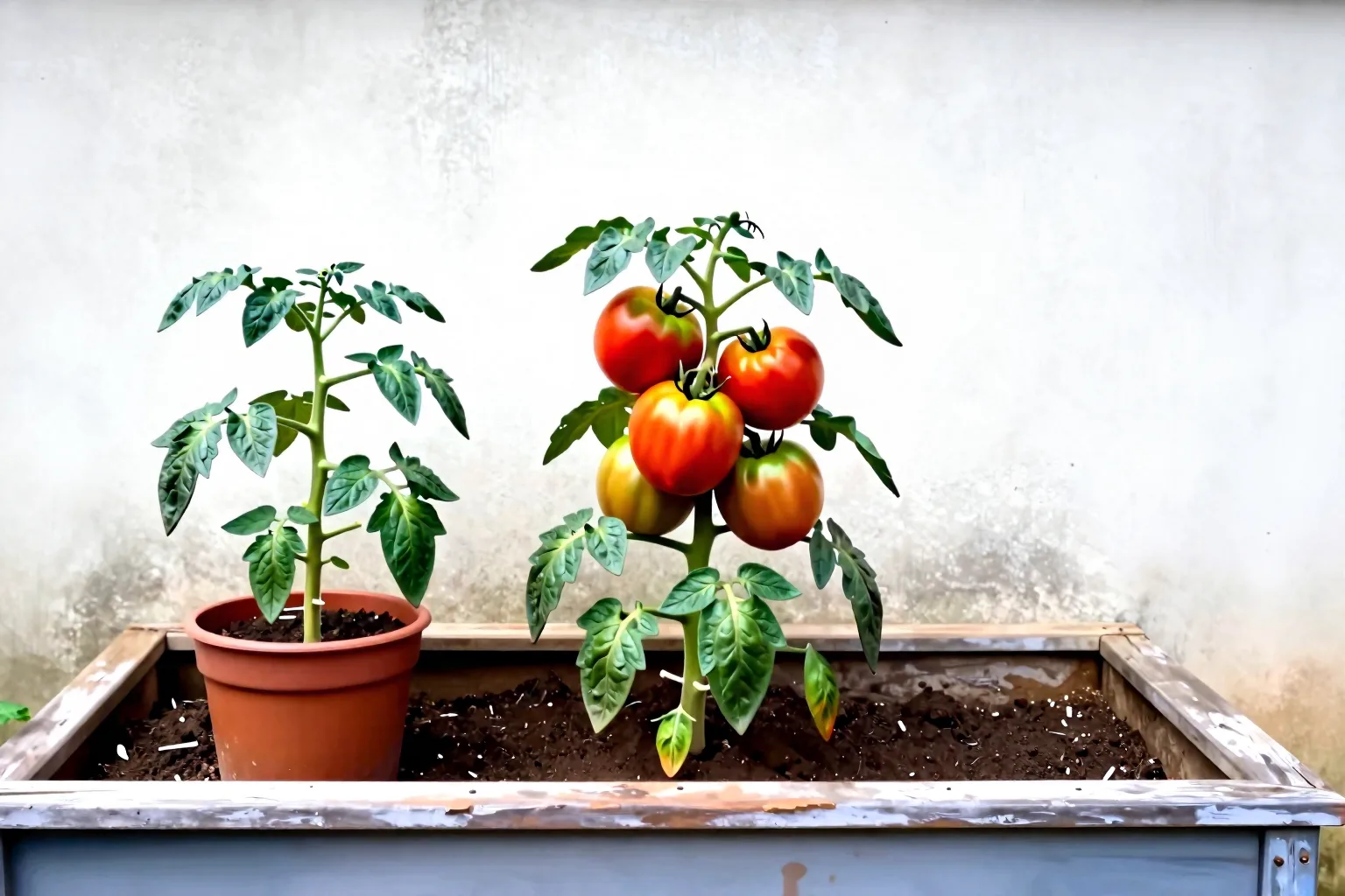 Tomato containers on a balcony beside a leafy vegetable bed in the ground
