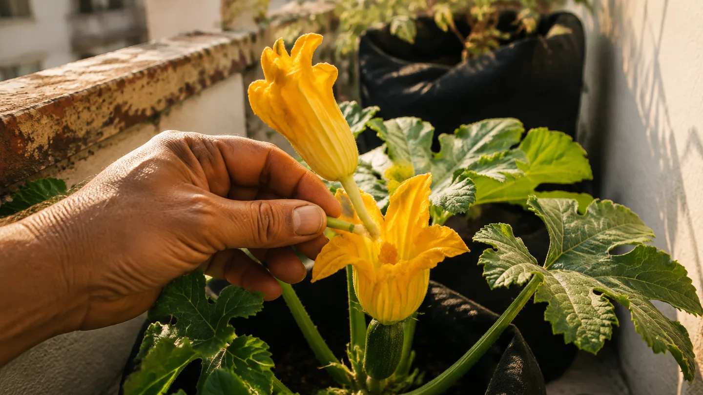 A hand uses a male zucchini flower to pollinate a female flower beside a small developing fruit.