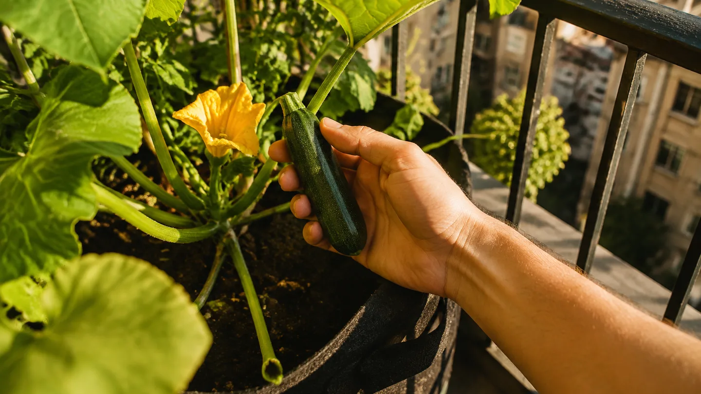 A hand harvests a small zucchini beside broad leaves and yellow flowers on a sunny apartment balcony.