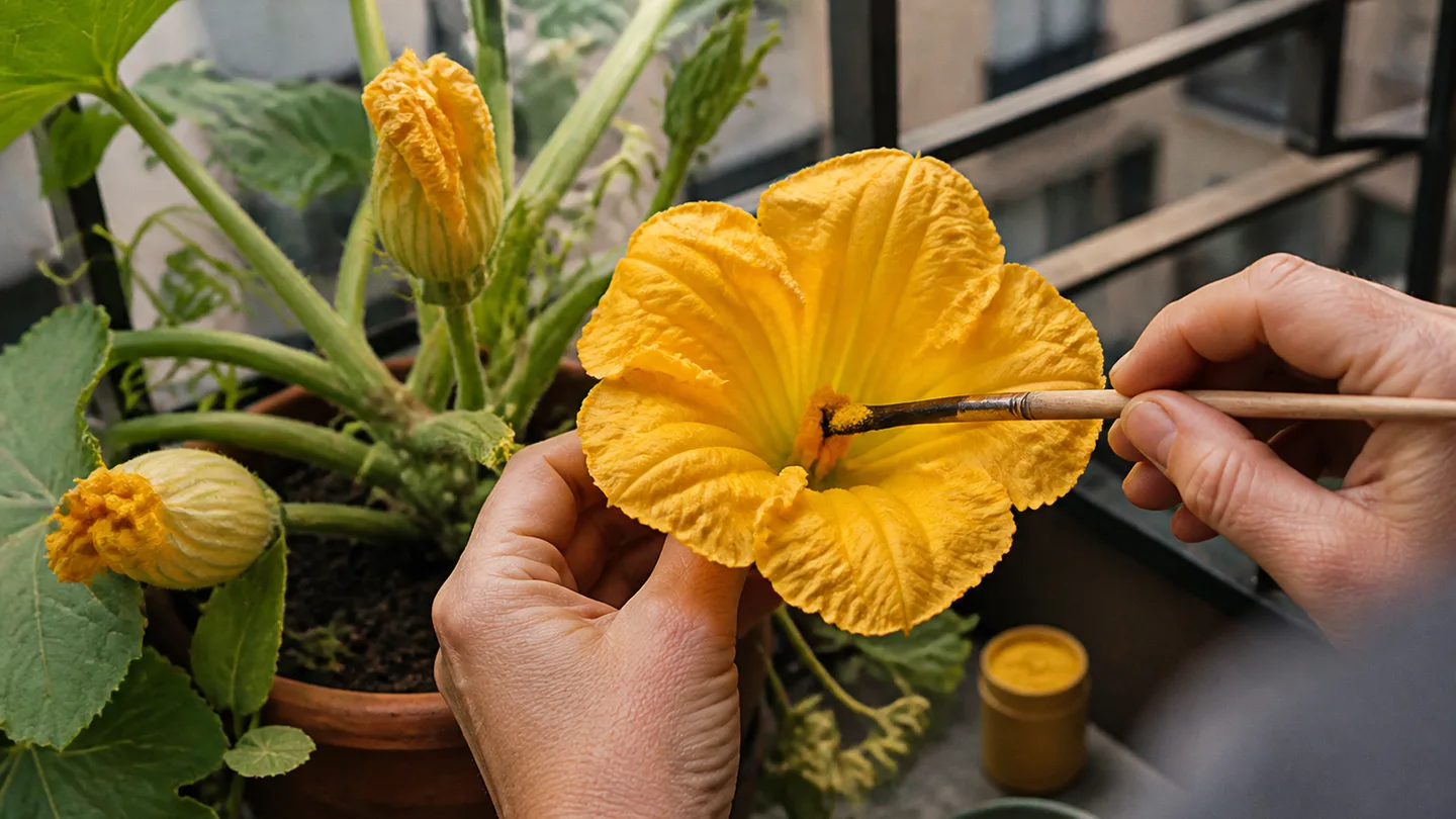 A hand gently transfers pollen onto a squash flower’s stigma with a soft brush.