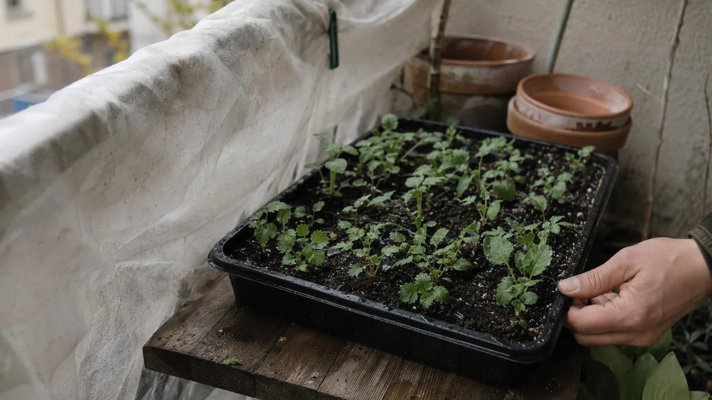 A watered tray of young seedlings rests in a sheltered balcony spot before its first outdoor exposure.