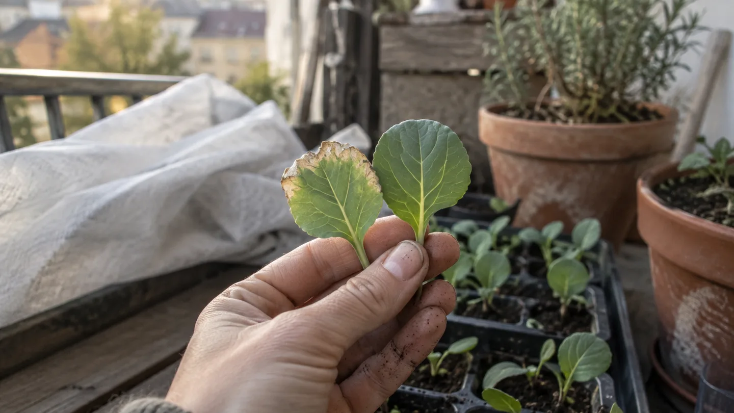 A hand compares a lightly scorched seedling leaf with a healthy green leaf on a balcony.