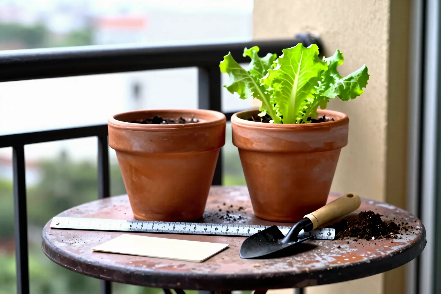 Two pots of equal depth are compared beside a leafy vegetable and a measuring ruler.