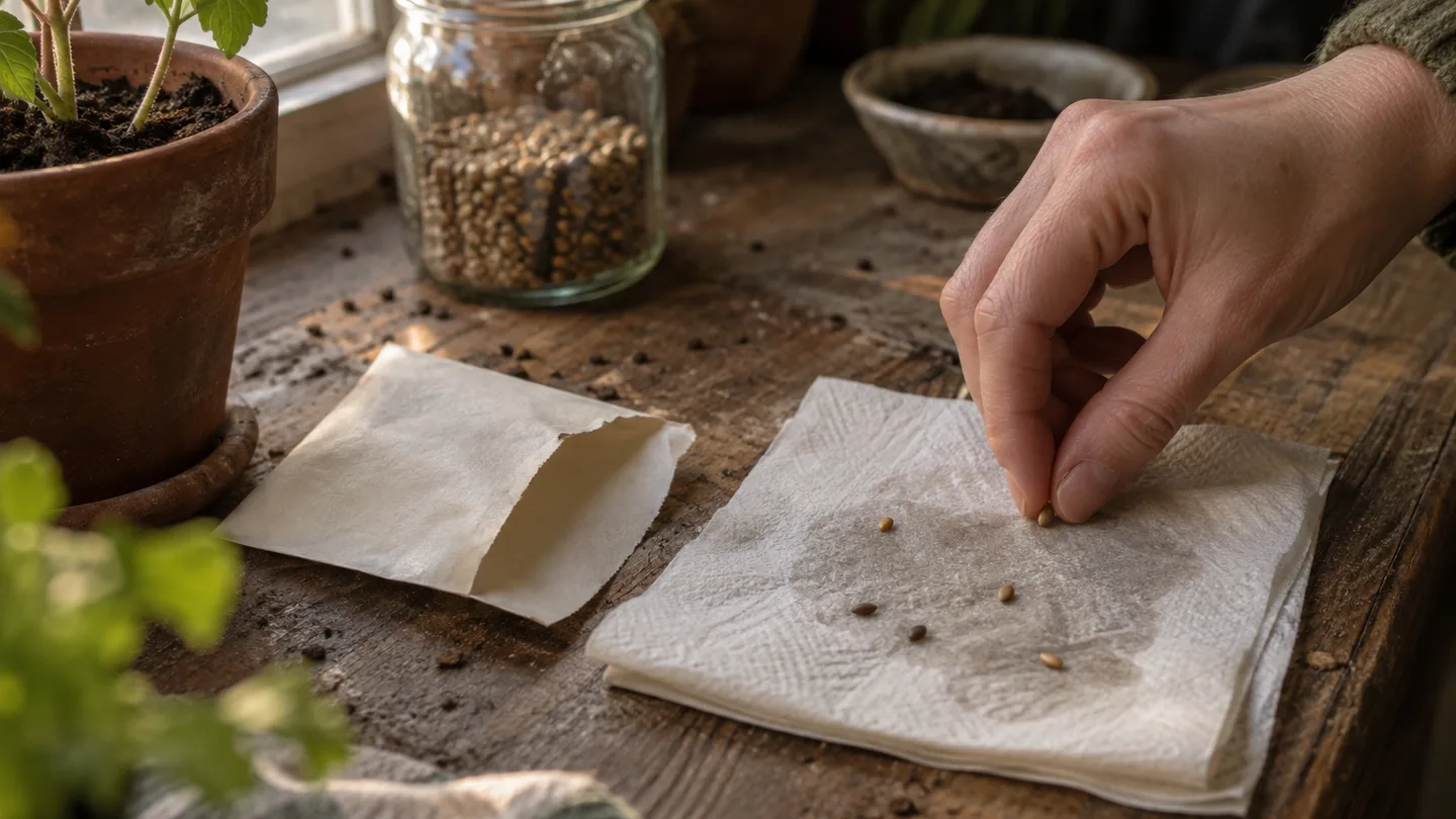 Seeds rest on a damp paper towel beside an opened packet for a simple germination test.