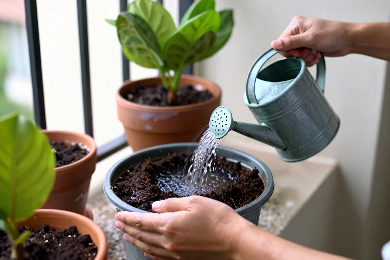 A hand gently wets dry soil in two passes around a potted balcony plant.