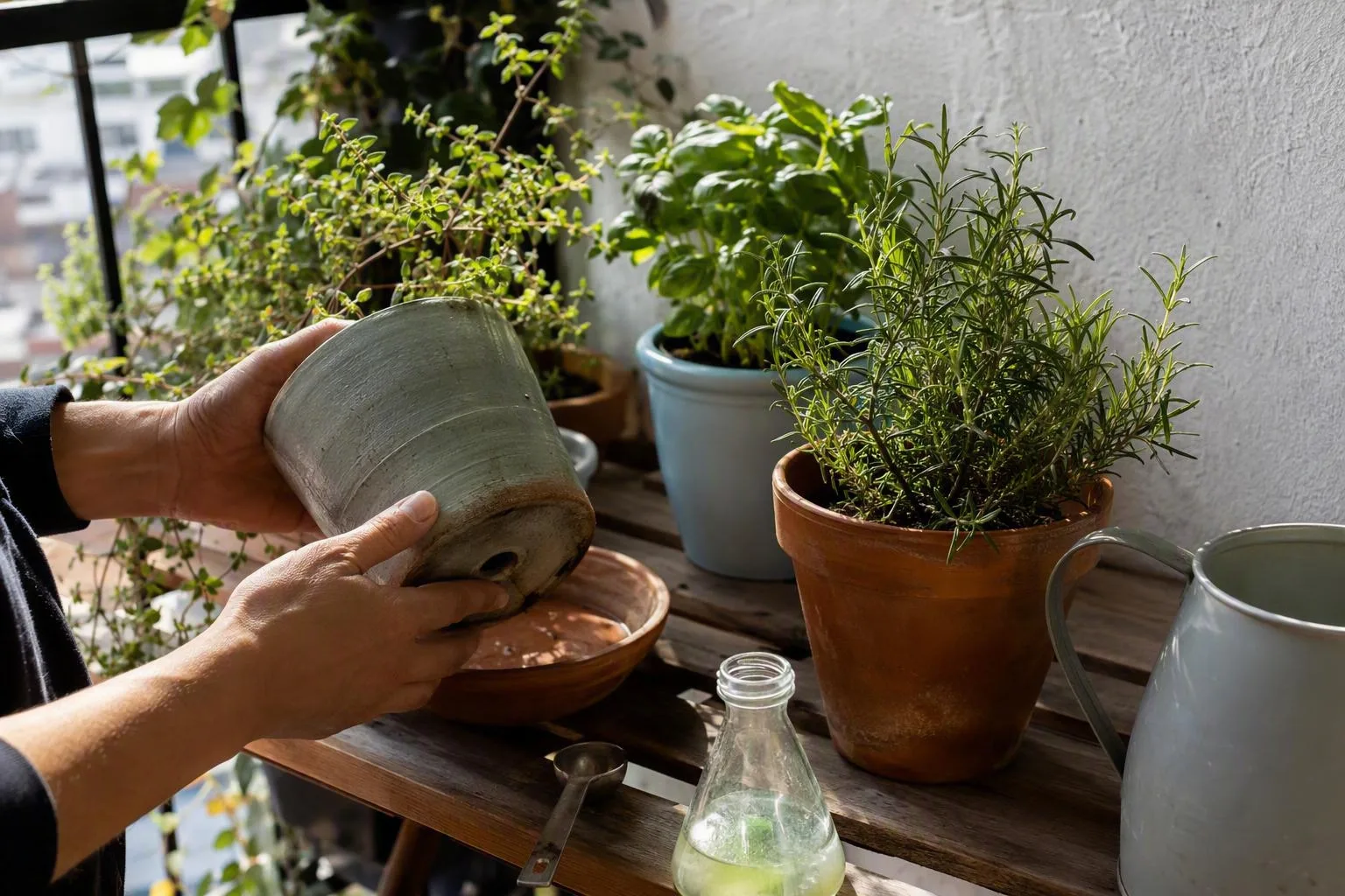 A grower waters a dry container plant before applying diluted fertilizer.