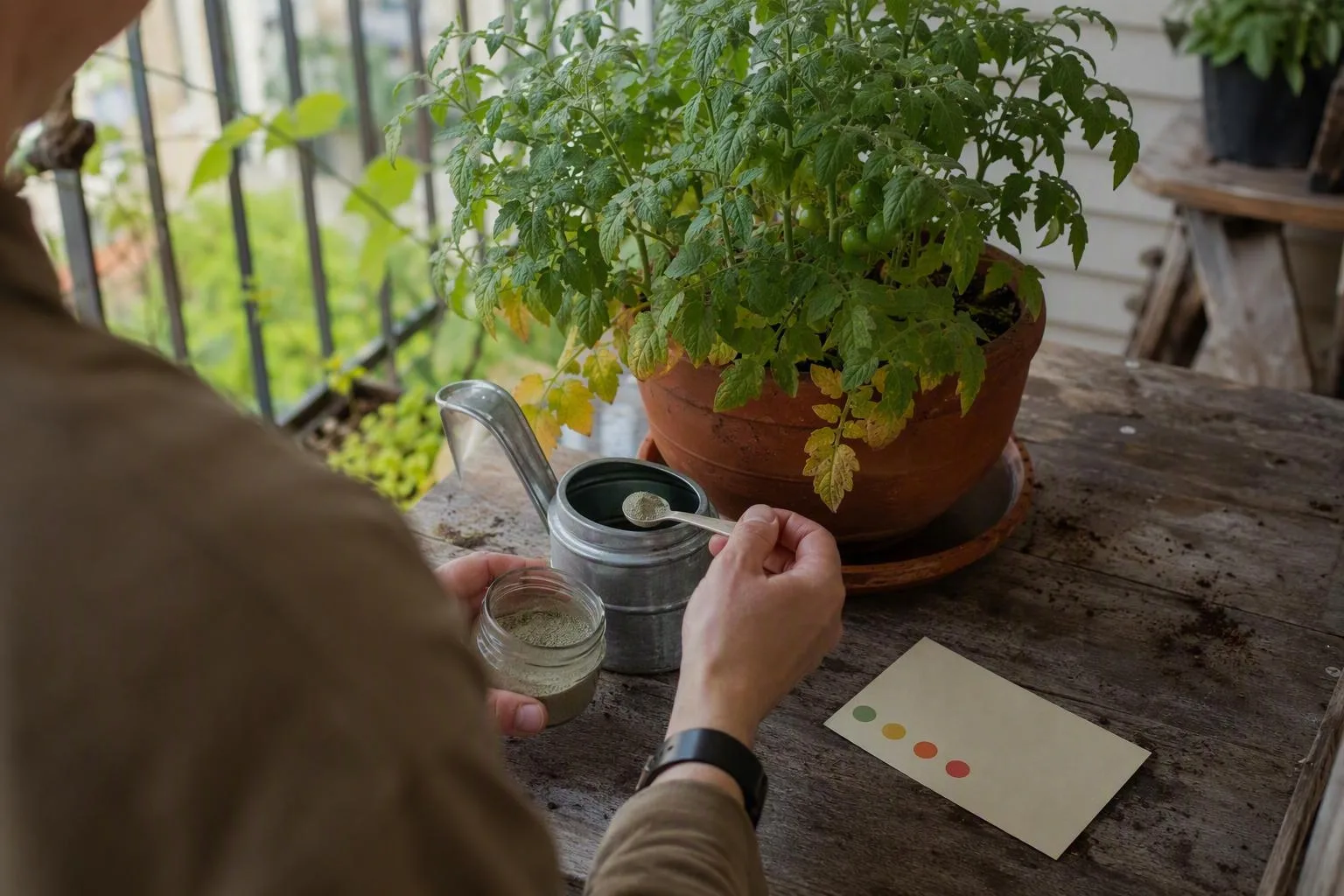 A labelled balcony pot sits beside a notebook tracking fertilizer applications.