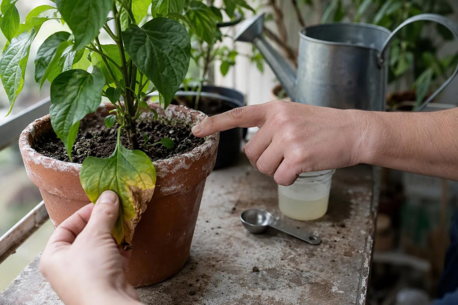 A gardener examines white residue on potting soil beside a plant with a browned leaf tip.