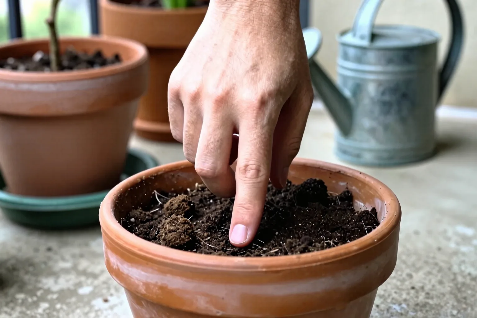 A hand pressing one finger deep into dark potting mix next to a young tomato plant in a pot.