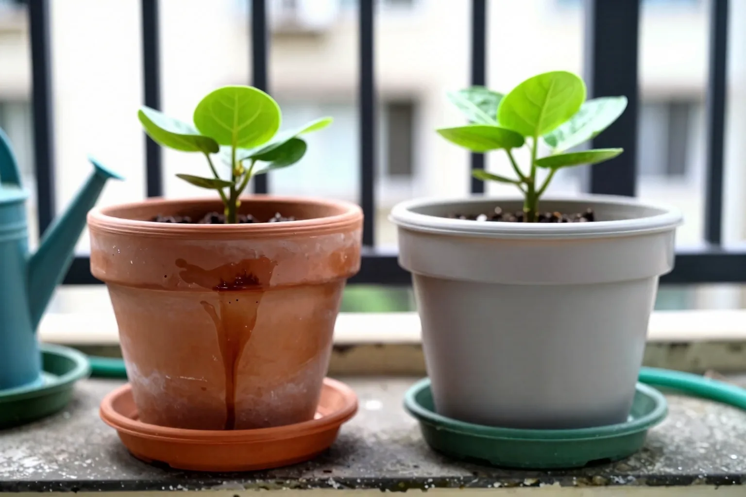 Three planted pots side by side on a balcony floor: unglazed terracotta, black plastic and glazed ceramic.