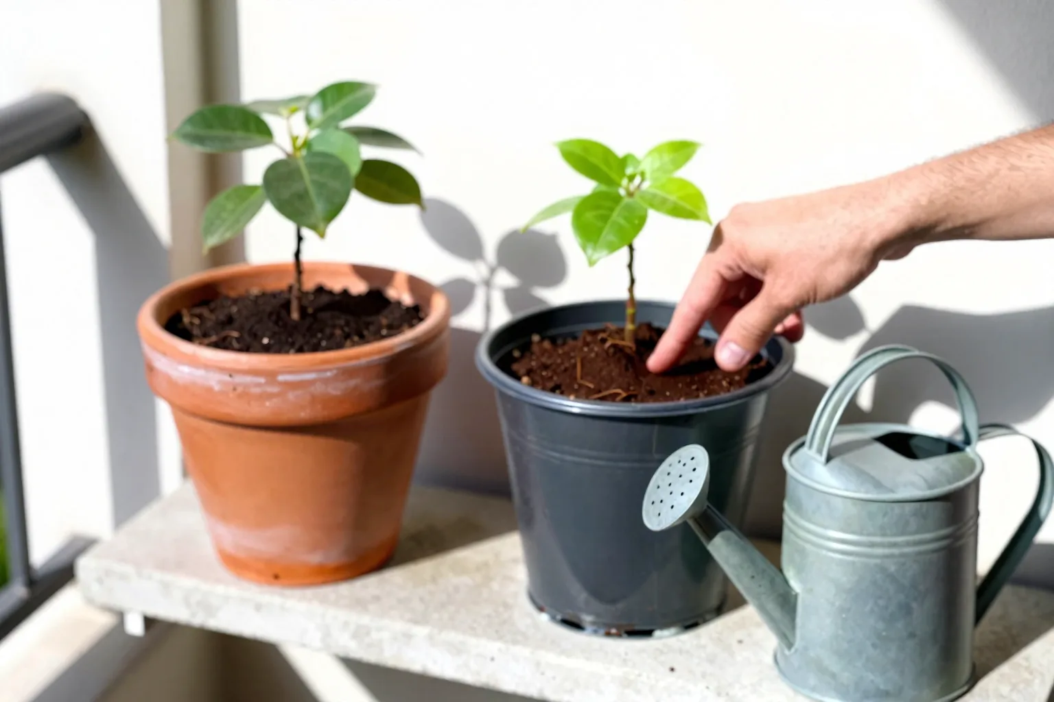 A hand checks dry soil in terracotta and plastic pots to compare how quickly each container dries.