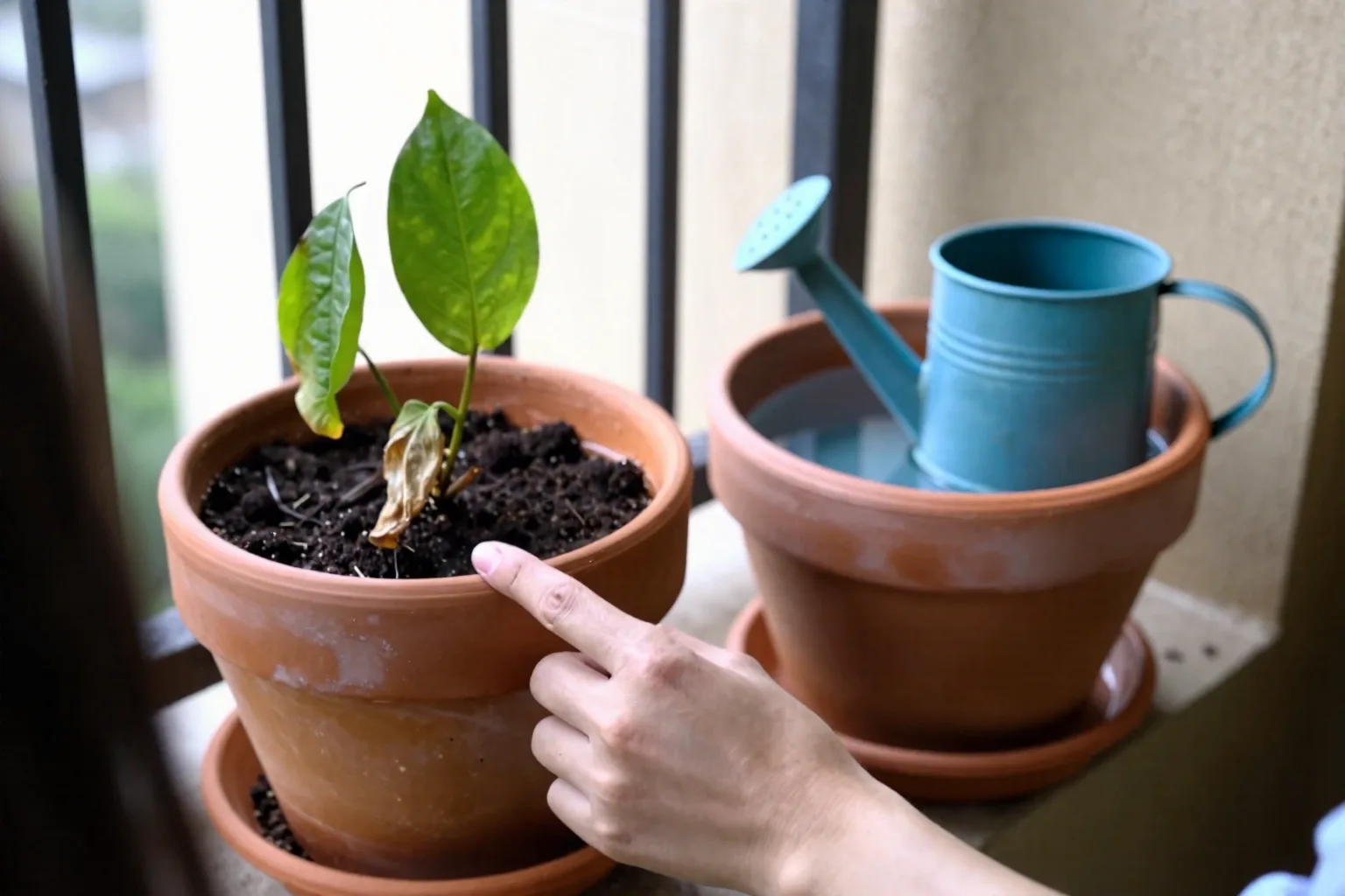 A wilted potted plant sits beside a saucer holding water as a hand checks the soil for moisture.
