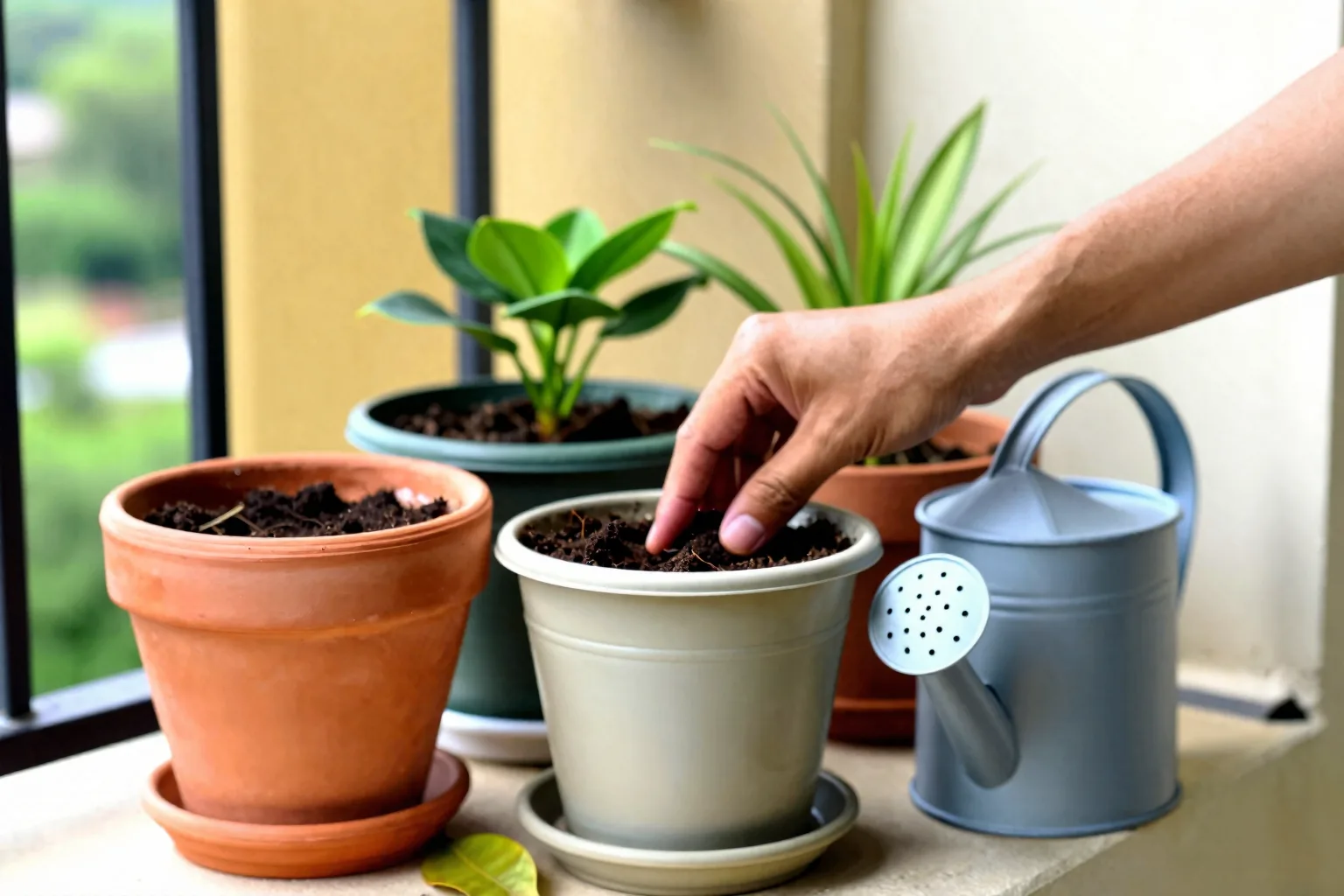 Plastic, terracotta, glazed ceramic and fabric containers stand together on a balcony.