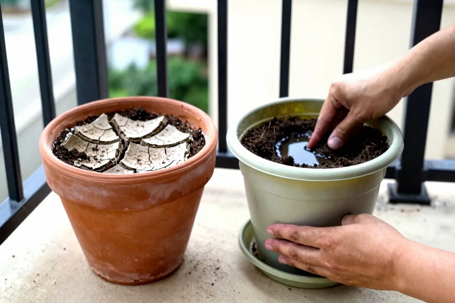 Two potted plants sit beside each other, one dry and light and one wet and heavy.