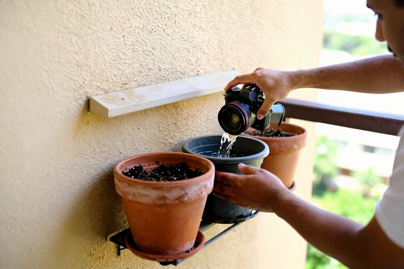 Grouped balcony containers sit beside a hot wall under temporary shade.