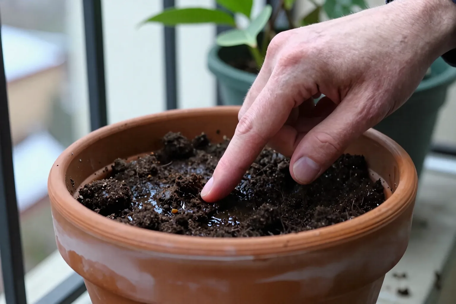 A clean finger checks moisture below the surface of a leafy plant pot.