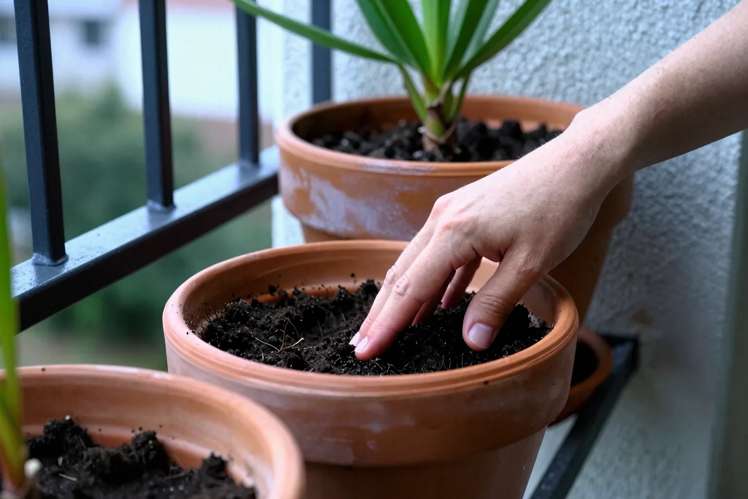 Three winter containers are grouped beside a balcony wall for wind protection.