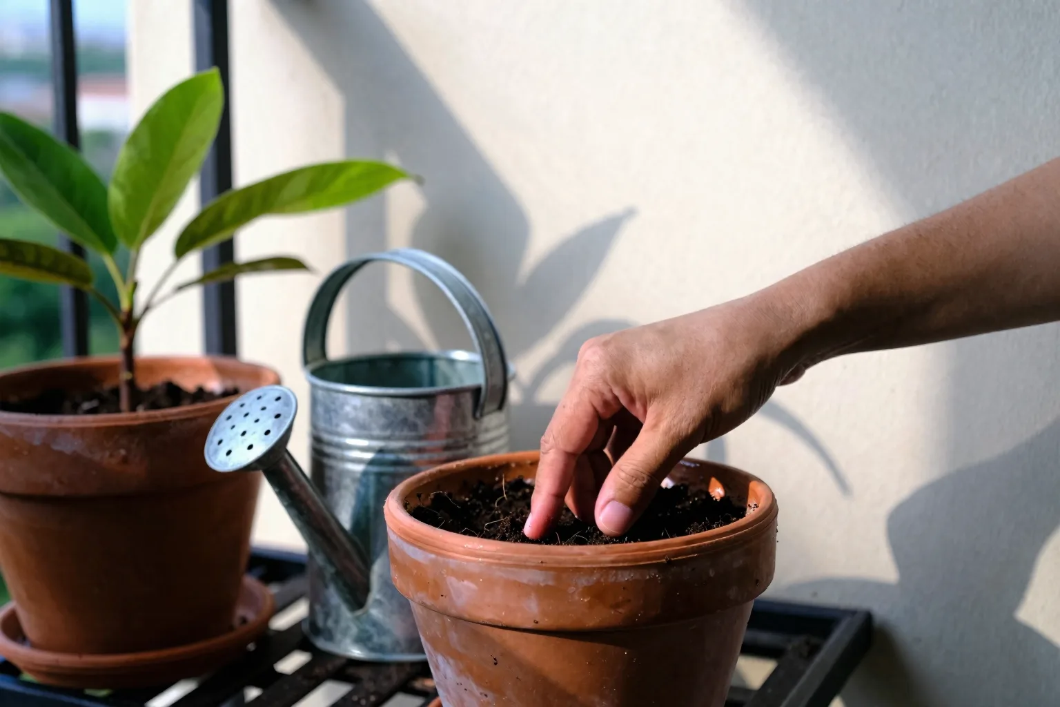 Several balcony pots sit in bright afternoon sun beside a warm wall.