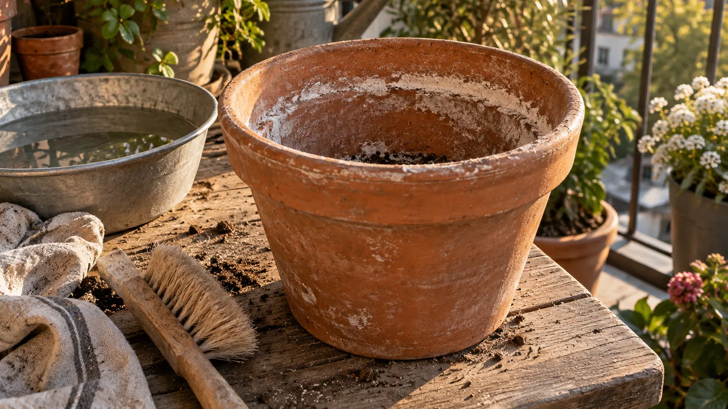 An empty terracotta pot with a chalky white mineral ring sits beside a brush and rinse basin.