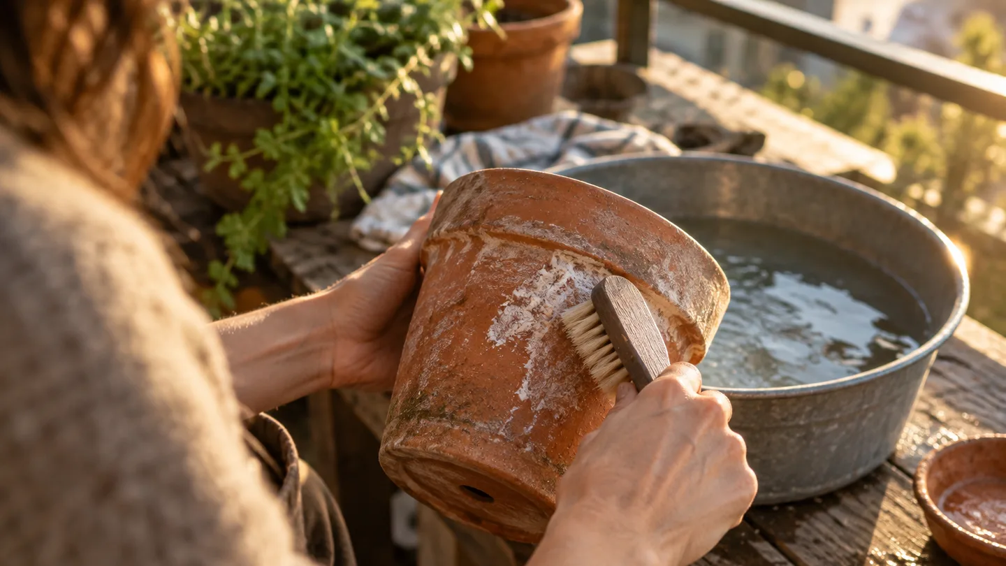 A hand brushes softened white residue from an unglazed terracotta pot.