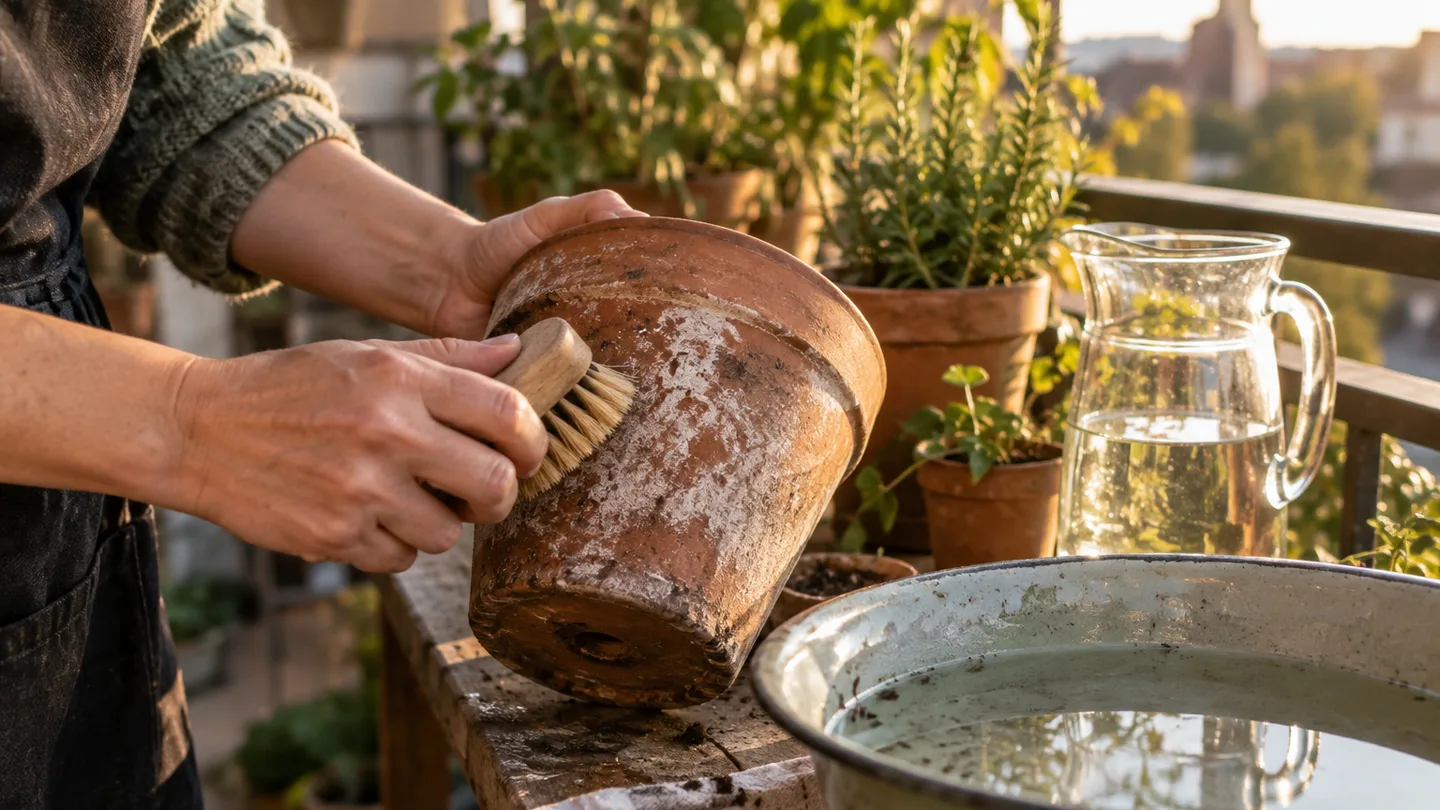 A hand gently brushes white mineral buildup from a terracotta pot beside a rinse basin.