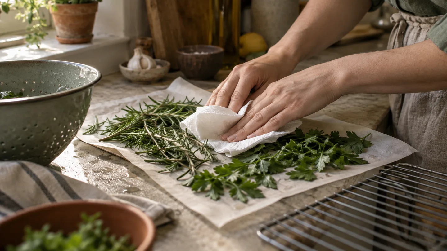 Hands blot rinsed herbs dry before arranging them in a single layer for drying.
