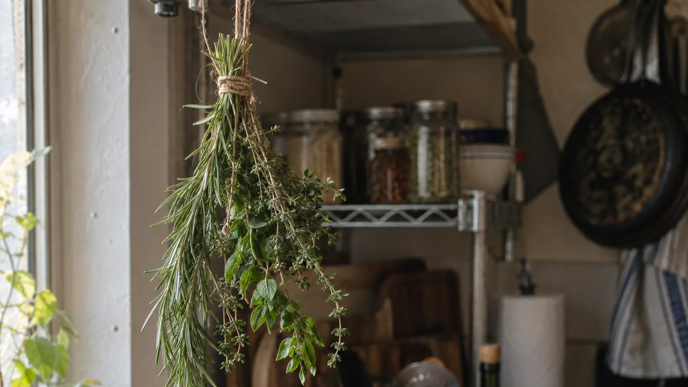 A loose bundle of rosemary and thyme hangs in a shaded kitchen spot with room for air to circulate.