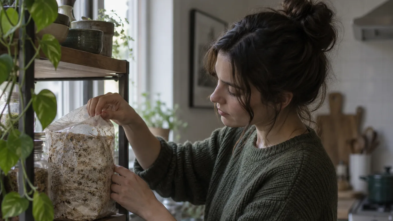 A beginner opens a plain mushroom grow bag on a kitchen shelf near a window.
