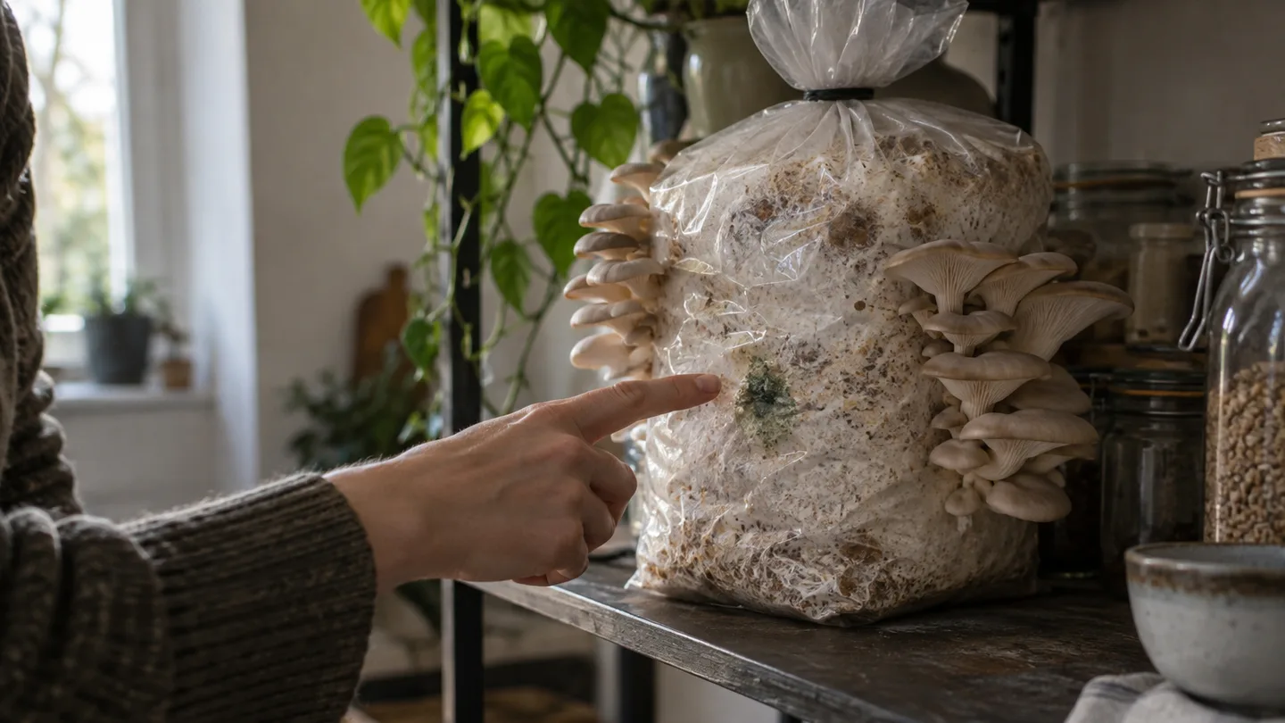 A sealed mushroom grow bag shows a small green patch beside the white mycelium.