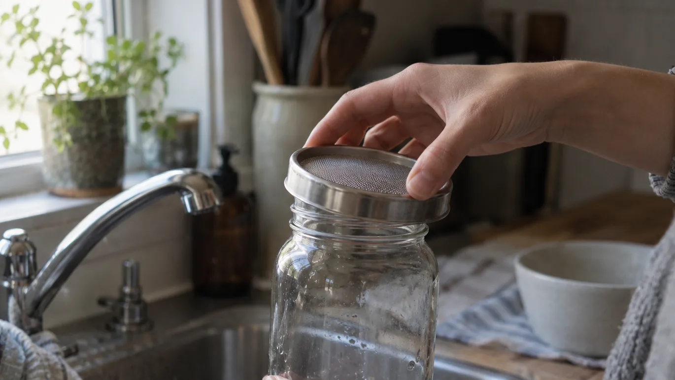 A hand secures a washable mesh lid on a clean empty jar before sprouting seeds are added.