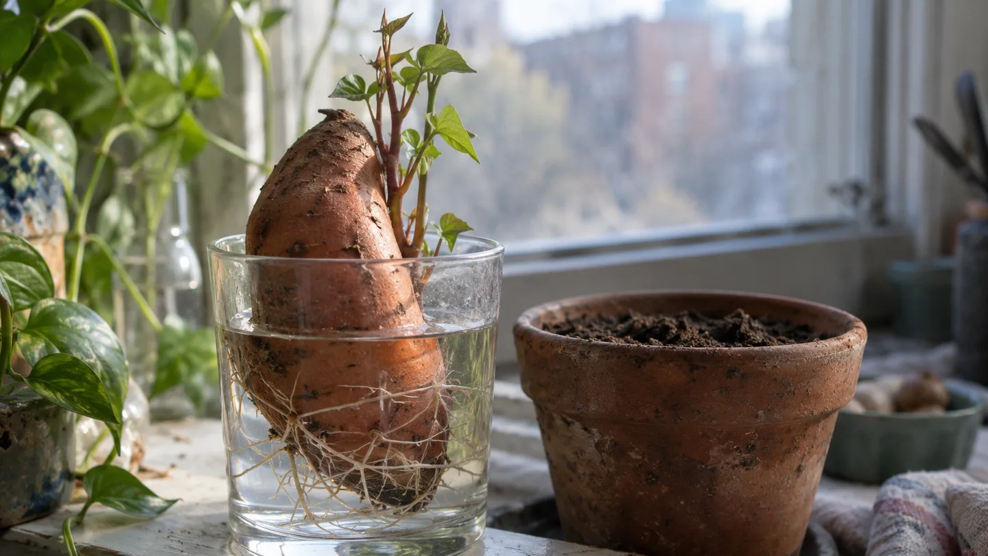 A sweet potato begins sprouting in a glass of water beside a pot of soil on a windowsill.