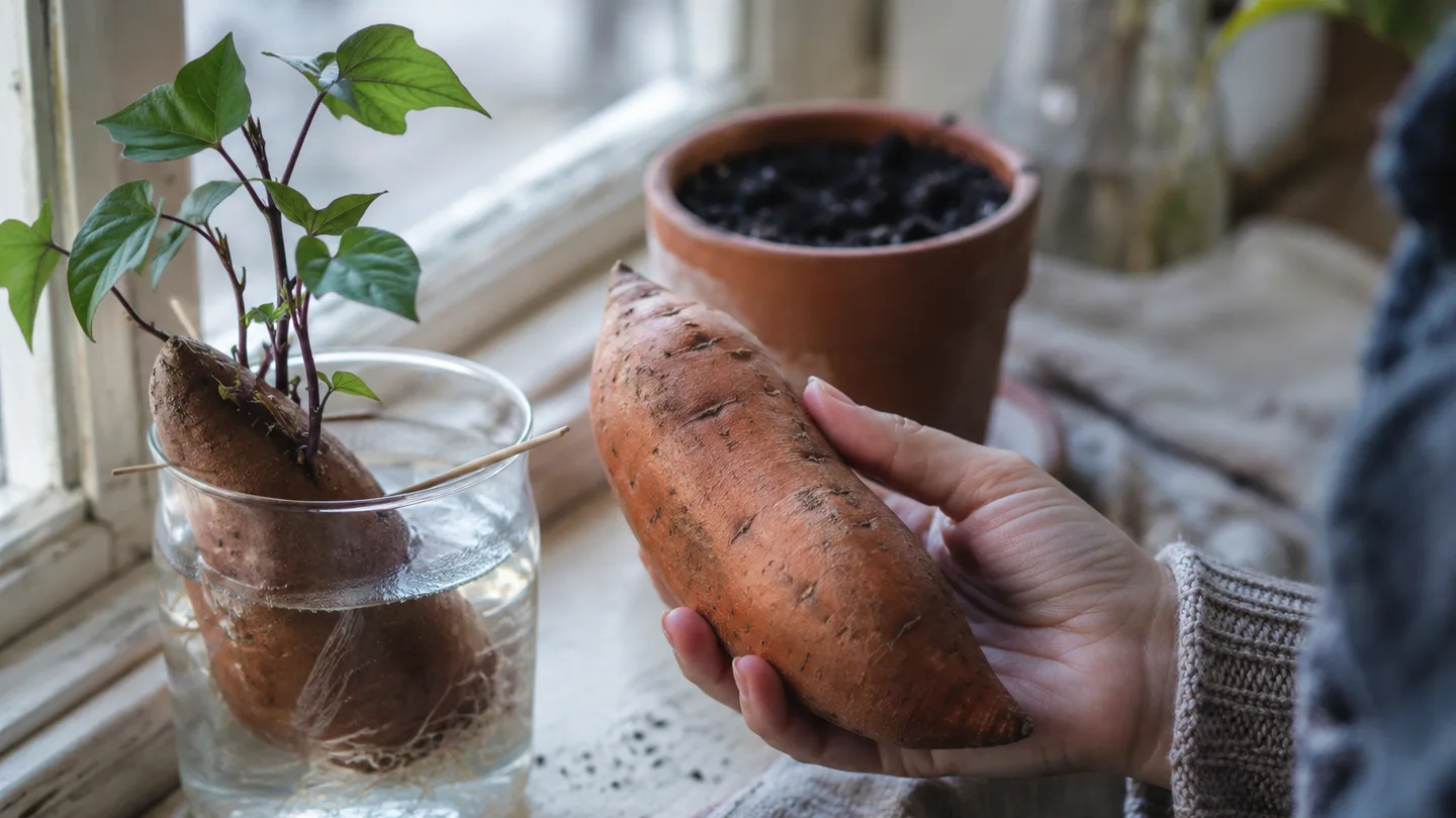 A hand checks a firm sweet potato beside a glass of water and a small pot on a windowsill.