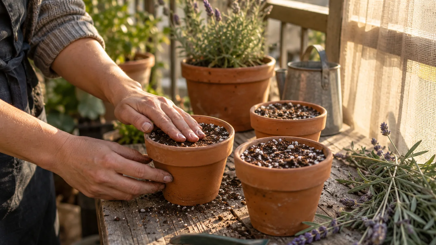 Small terracotta pots hold gritty soil on a balcony bench, ready for lavender cuttings.