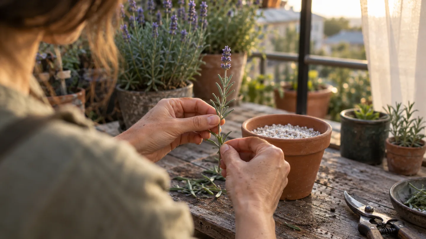 Hands remove the lower leaves from a lavender cutting before it is planted.